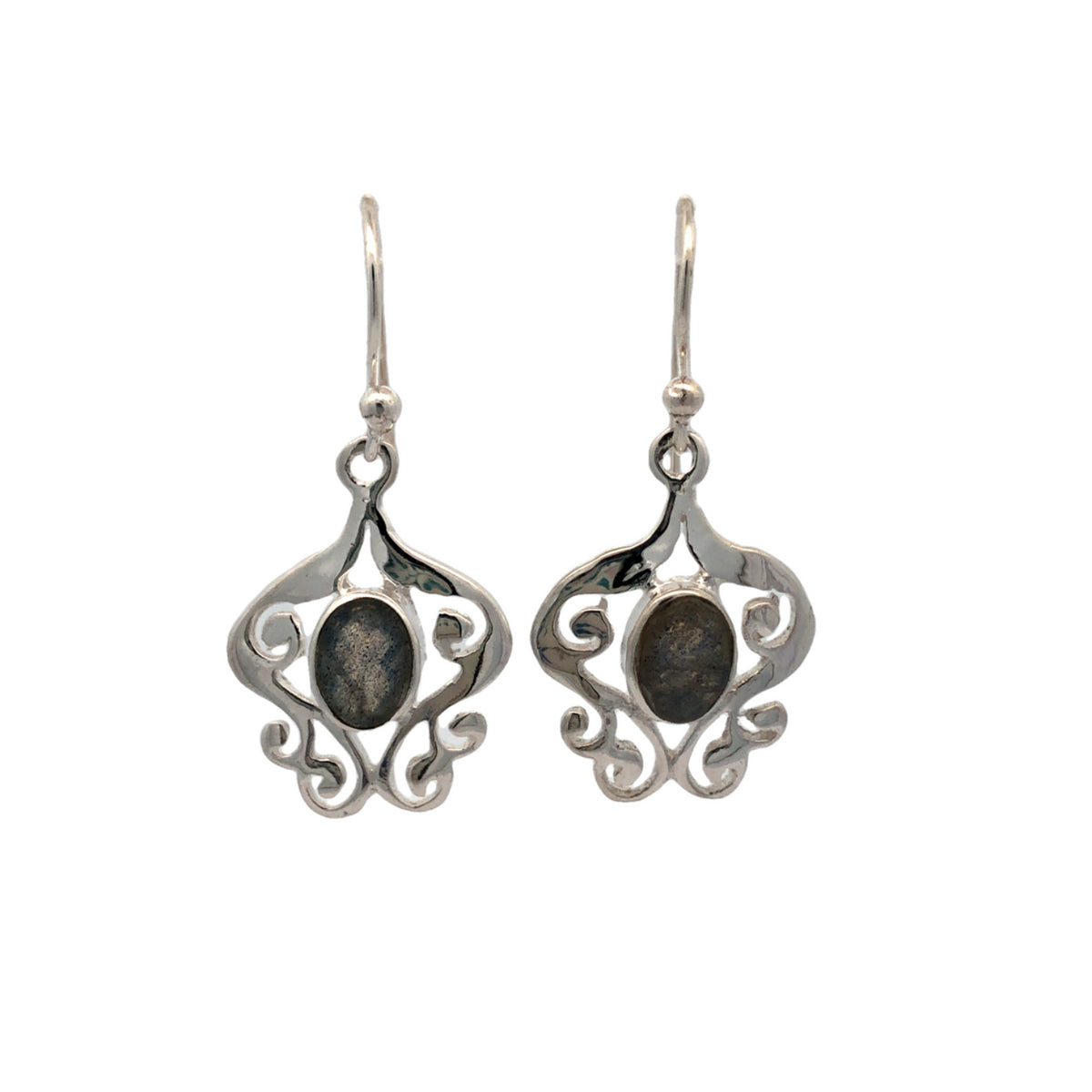 Sterling Silver Filigree Drop Bezel Set Labradorite Earrings With Shephooks