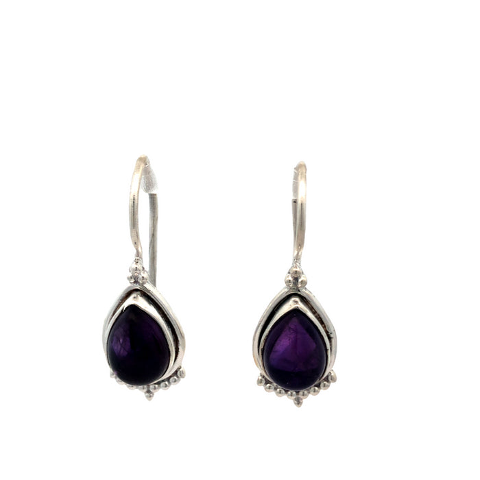 Onatah Sterling Silver Filigree Drop Bezel Set Pear Shaped Amethyst Earrings With Shephooks And Ball Detail