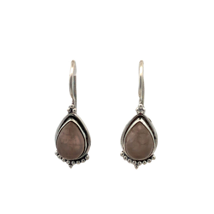 Onatah Sterling Silver Filigree Drop Bezel Set Pear Shaped Rose Quartz Earrings With Shephooks And Ball Detail