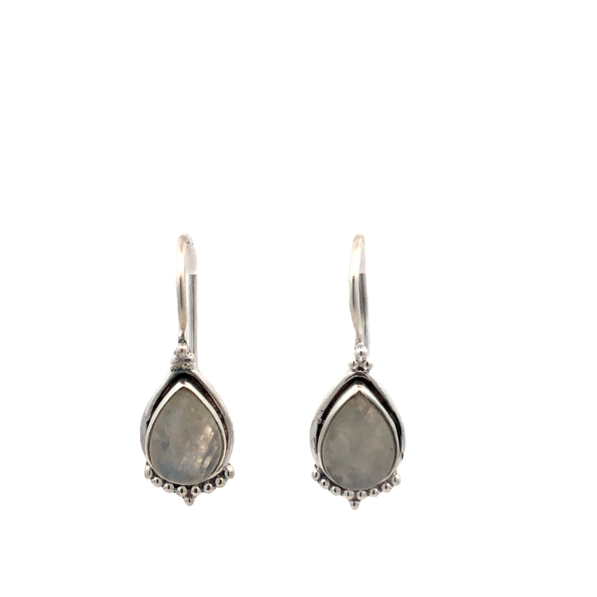 Onatah Sterling Silver Filigree Drop Bezel Set Pear Shaped Moonstone Earrings With Shephooks And Ball Detail