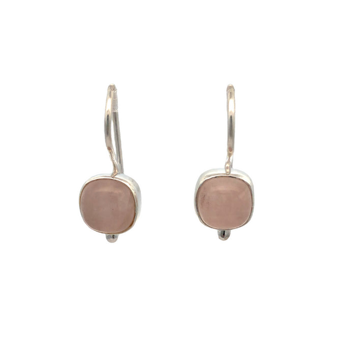 Onatah Sterling Silver Cushion Square Bezel Set Rose Quartz Earrings With Fixed Shephooks