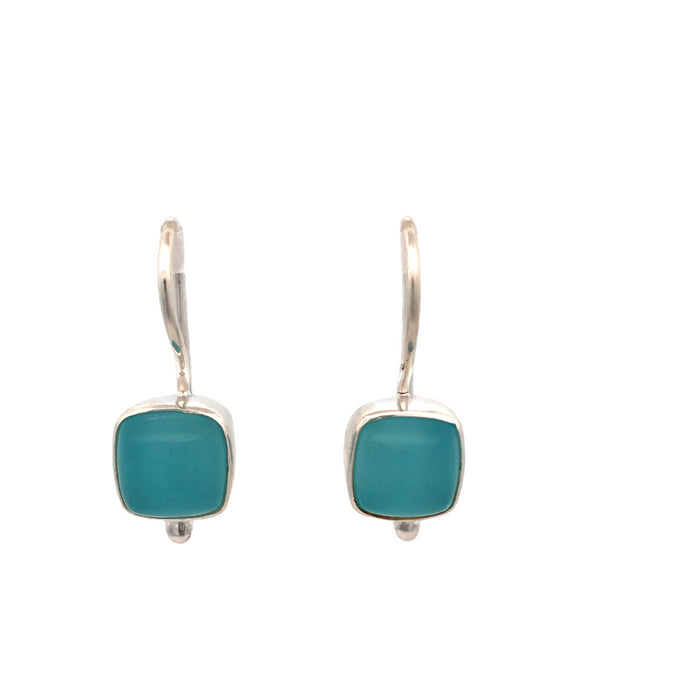 Onatah Sterling Silver Cushion Square Bezel Set Dyed Aqua Chalcedony Earrings With Fixed Shephooks