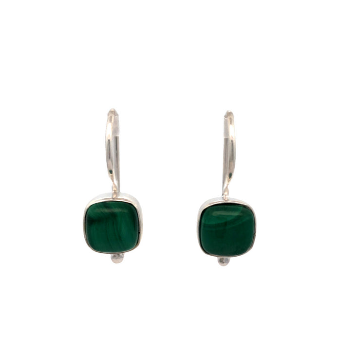 Onatah Sterling Silver Cushion Square Bezel Set Malachite Earrings With Fixed Shephooks