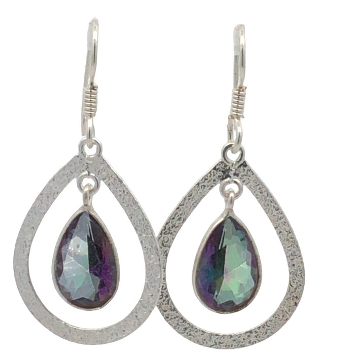 Sterling Silver Open Pear Shape Matt Finished Mystic Topaz Drop Earrings With Shephooks