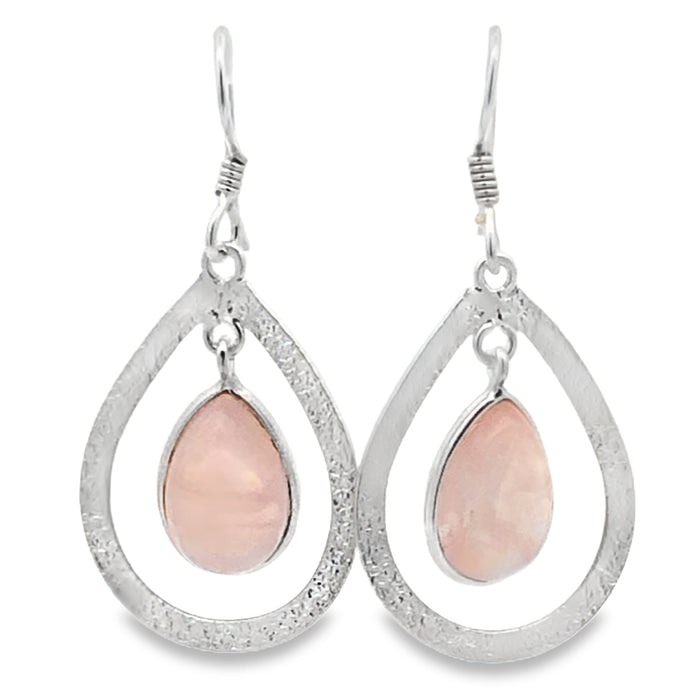 Sterling Silver Open Pear Shape Matt Finished Rose Quartz Drop Earrings With Shephooks