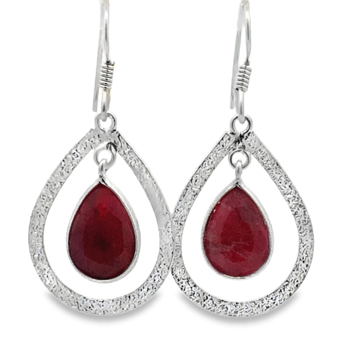 Sterling Silver Open Pear Shape Matt Finished Treated Ruby Drop Earrings With Shephooks