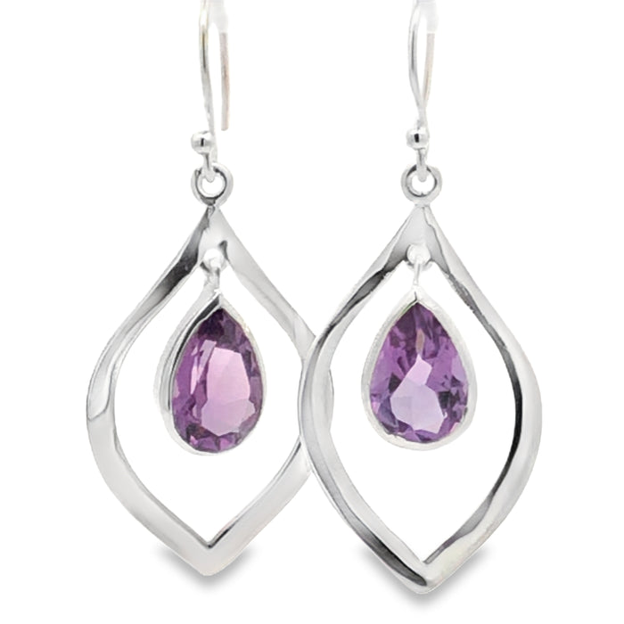 Sterling Silver Open Marquise Shape Amethyst Drop Earrings With Shephooks