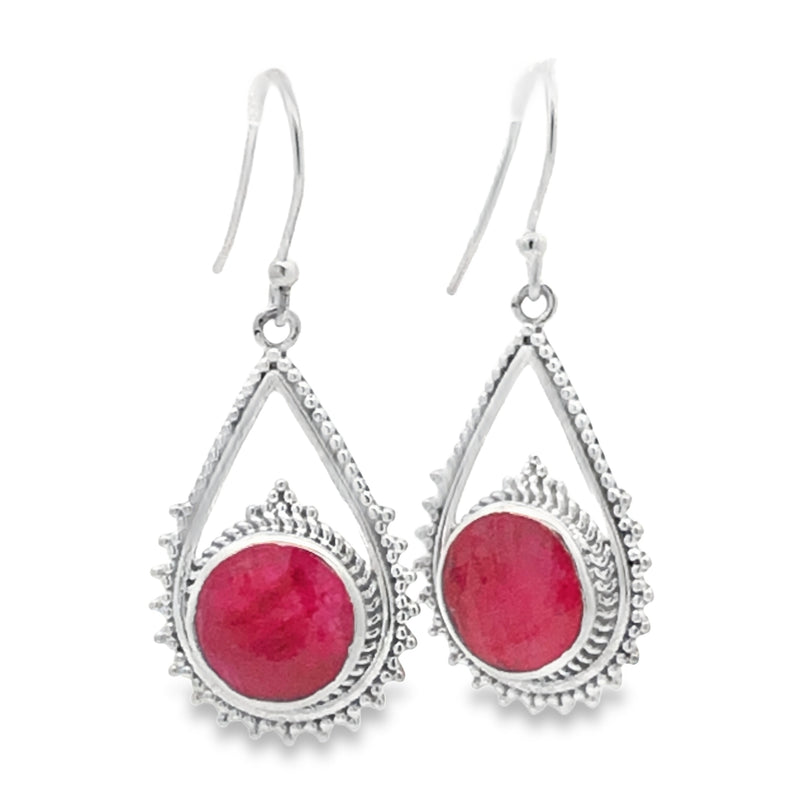 Onatah Sterling Silver Pear Shaped Treated Ruby Shep Hook Earrings With Ball Detail