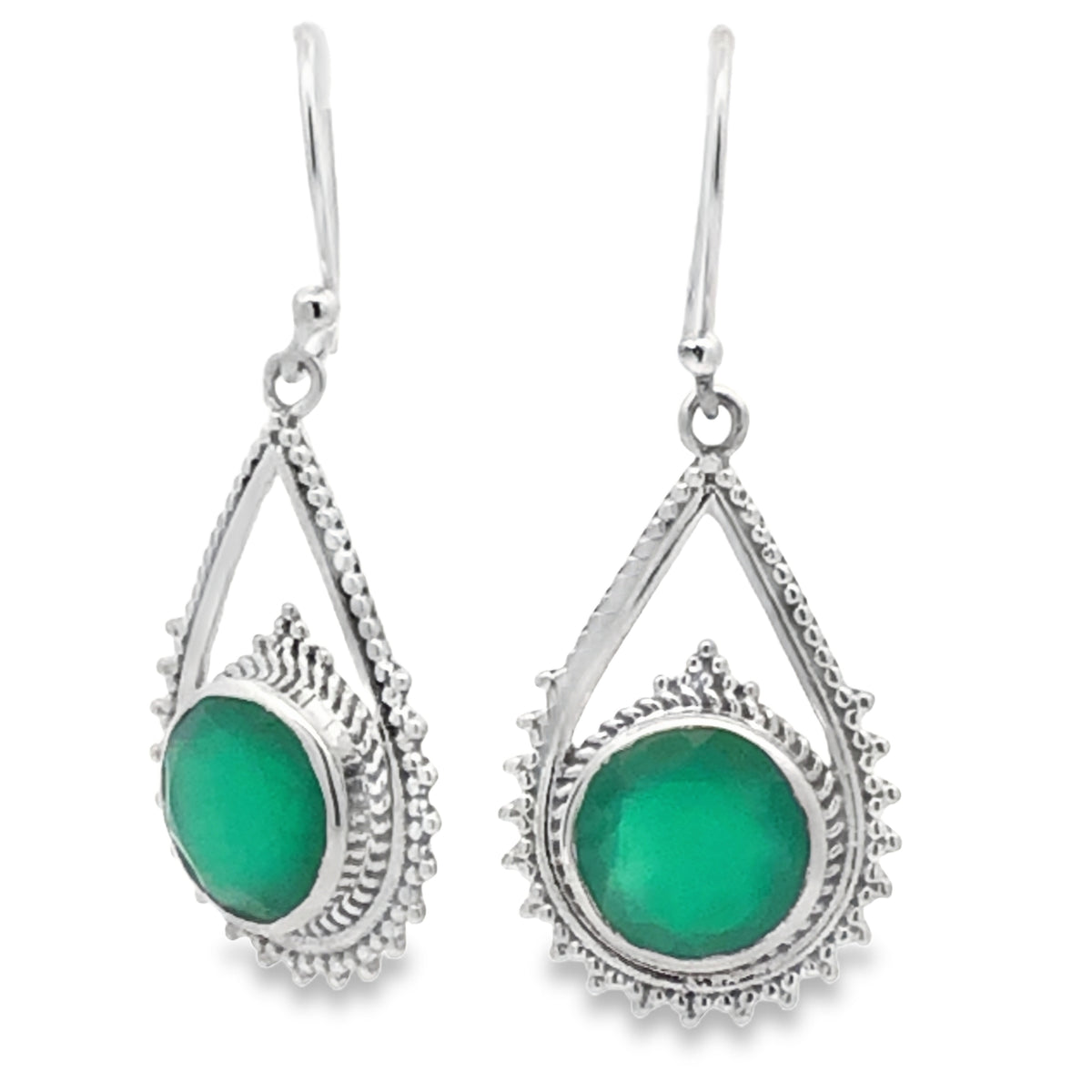 Onatah Sterling Silver Pear Shaped Treated Emerald Shep Hook Earrings With Ball Detail