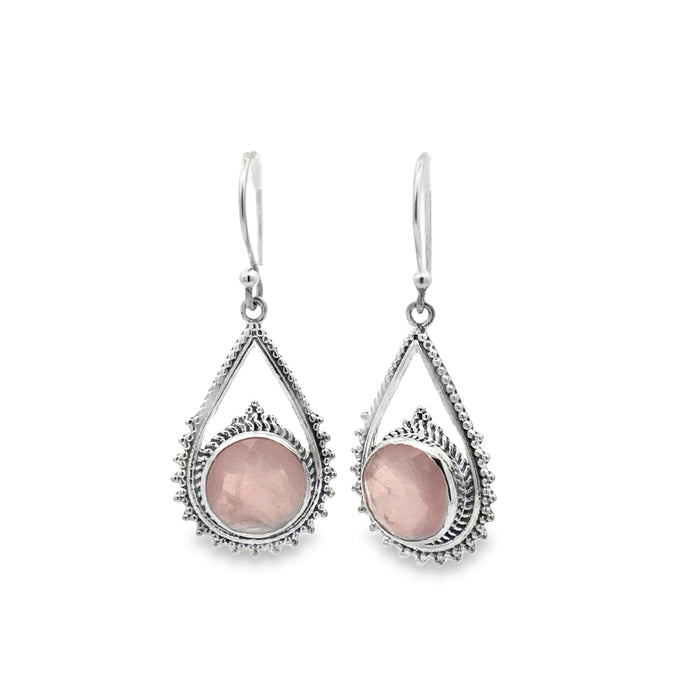 Onatah Sterling Silver Pear Shaped Rose Quartz Shep Hook Earrings With Ball Detail