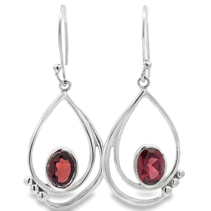 Onatah Sterling Silver Teardrop Shaped Swirl And Ball Garnet Shep Hook Earrings