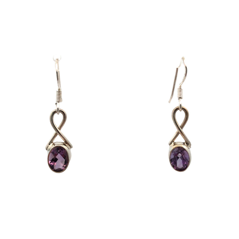 Sterling Silver Small Crossover Drop Bezel Set Amethyst Earrings With Shephooks