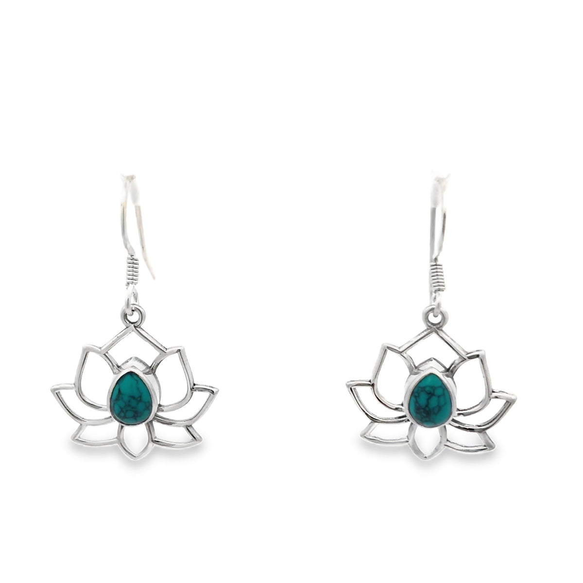 Onatah Sterling Silver Lotus Bezel Set Turquoise Earrings With Shephooks