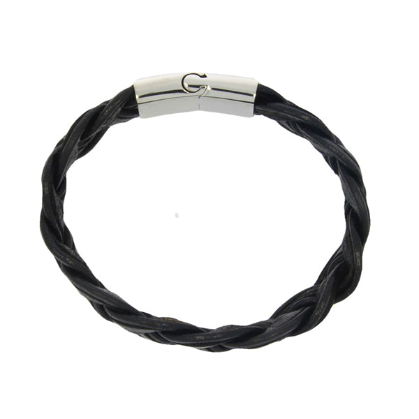 Black Leather Wide Plaited Bracelet
