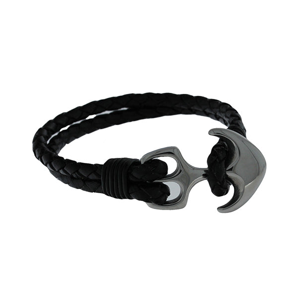 Black Round Plaited Leather Bracelet With Anchor