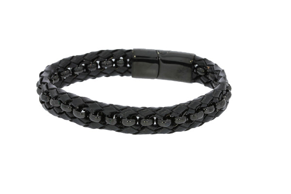 Black Leather Braided Bracelet With Polished Black Chain Throughout And Polished Black Clasp