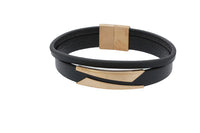 Double Flat Black Leather Bracelet With Brass Centre Section And Clasp