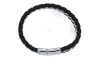 Black Leather Stainless Steel Chain Wrapped Bracelet With Polished Magnetic Clasp - 21.5Cm