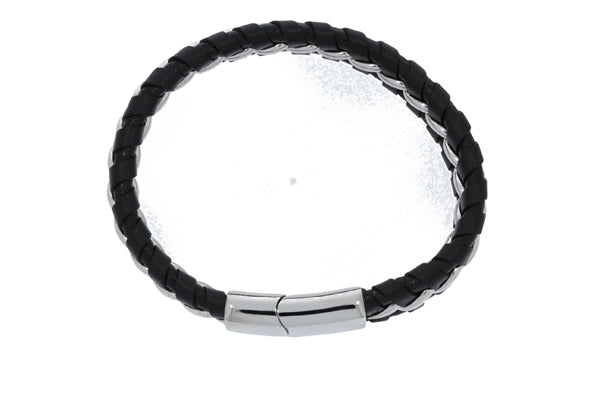 Black Leather Stainless Steel Chain Wrapped Bracelet With Polished Magnetic Clasp - 21.5Cm