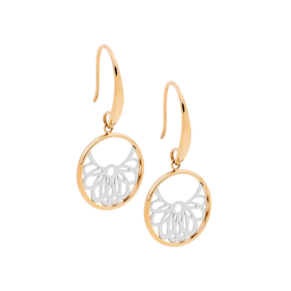 Stainless Steel Rose Gold Plated Filigree Circle Drop Earrings