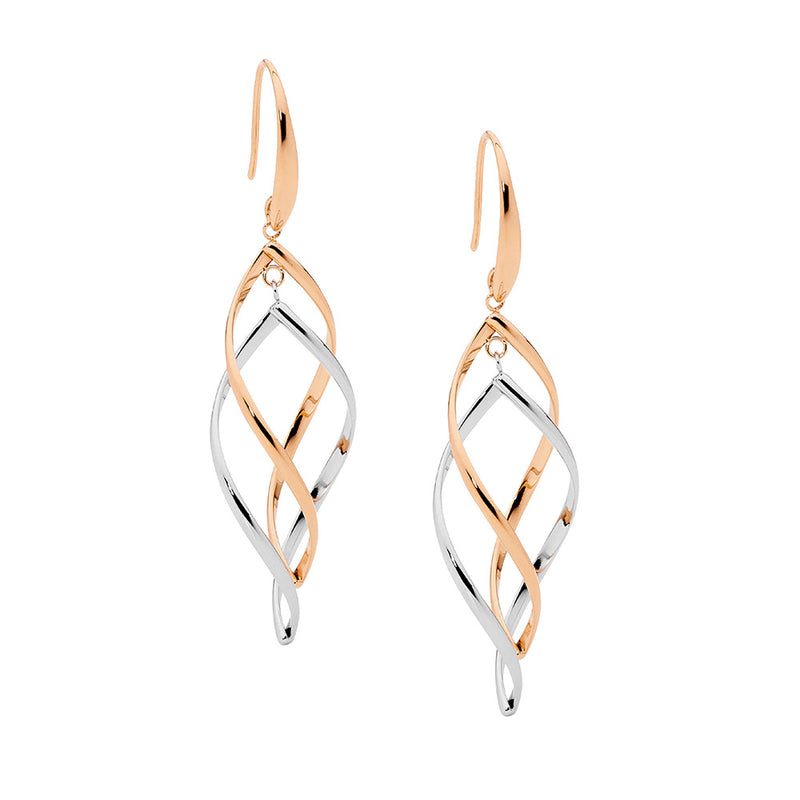 Stainless Steel Rose Gold Plated Open Double Twist Drop Earrings