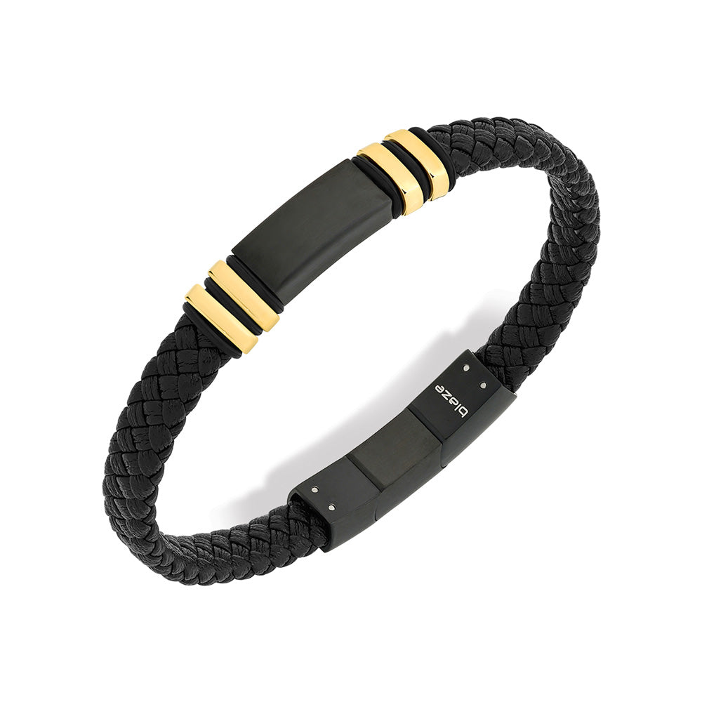 Stainless Steel Black Plaited Leather Bracelet With Gold Plated Accents 21.5 +1.5Cm
