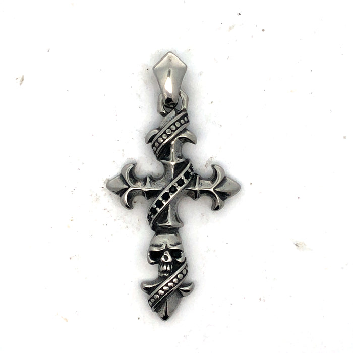 Stainless Steel Cross And Skulls Set With Black Cz's Pendant