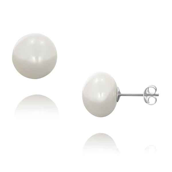 Sterling Silver White Fresh Water Pearl Stud Earrings 13-14Mm