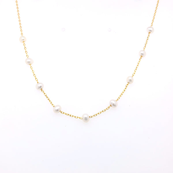 Yellow Gold Plated Freshwater Mini Pearl And Chain Choker