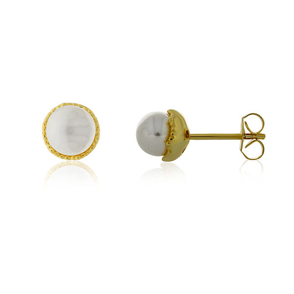 Yellow Gold Plated White Freshwater Pearl Studs