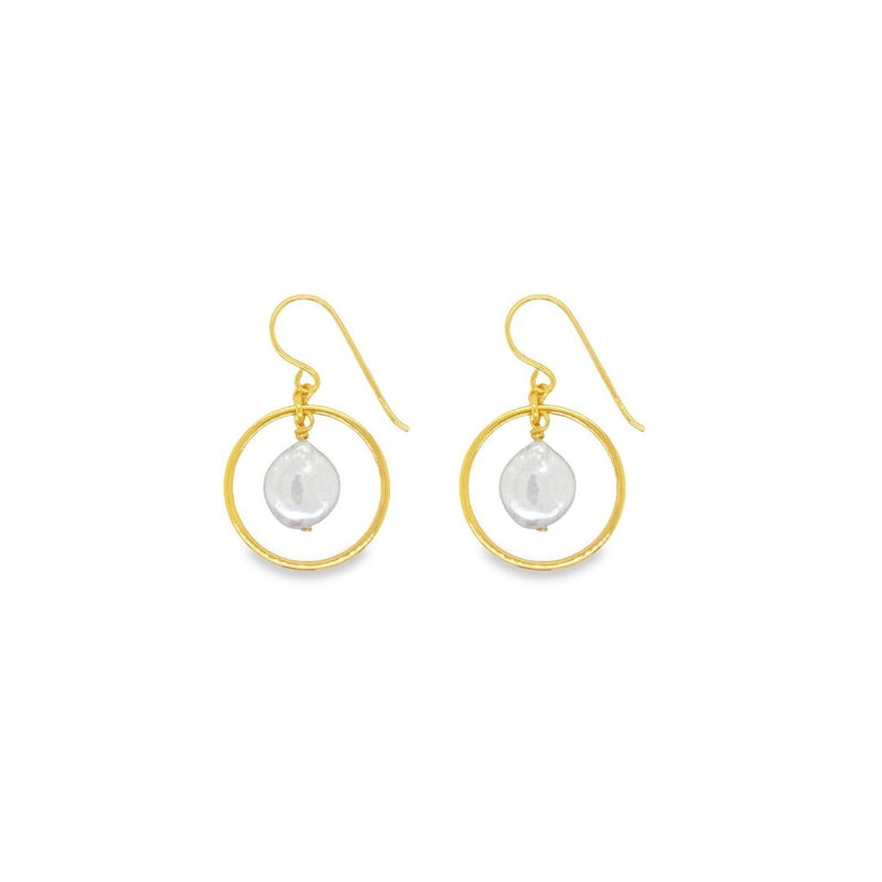 Gold Plated Circle Drop With Fwp Coin Pearl Earring