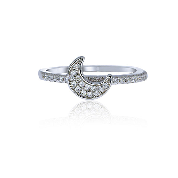 Silver Crescent Moon Cubic Zirconia Ring