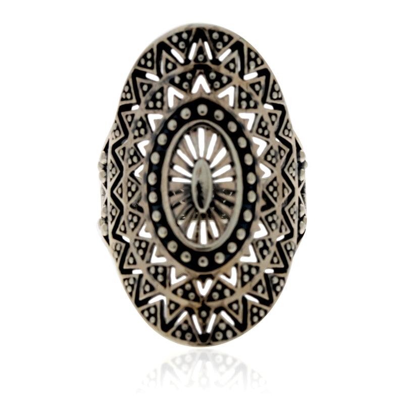Silver Oval Aztec Pattern Ring