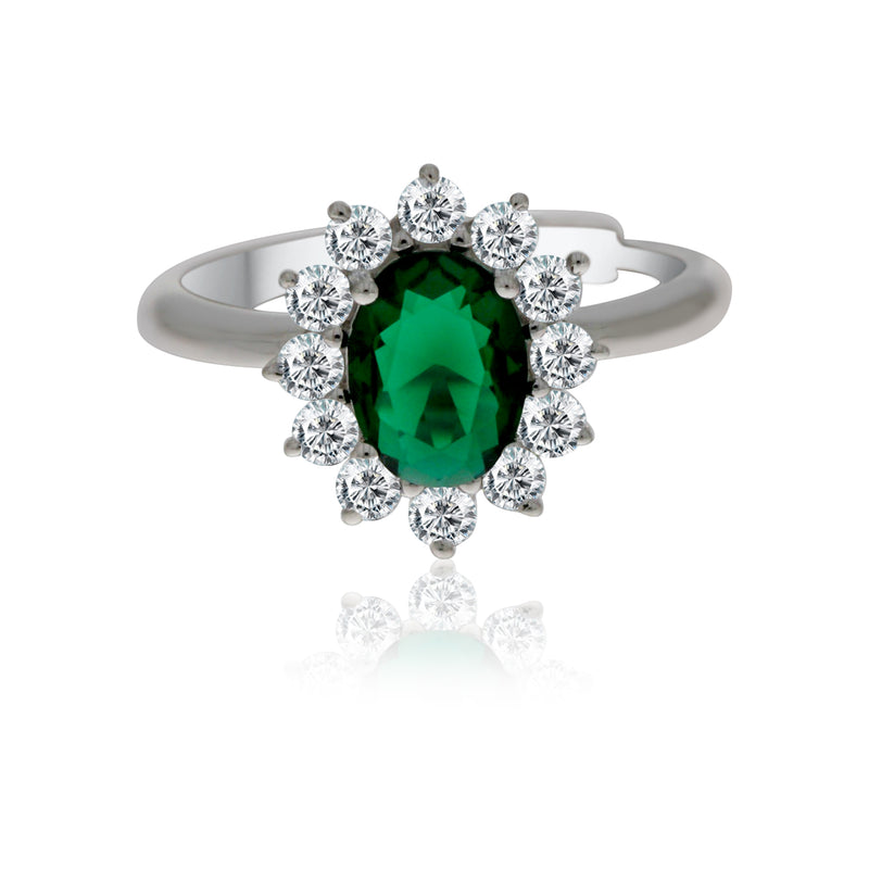 Silver Oval Green And White Cubic Zirconia Cluster Ring