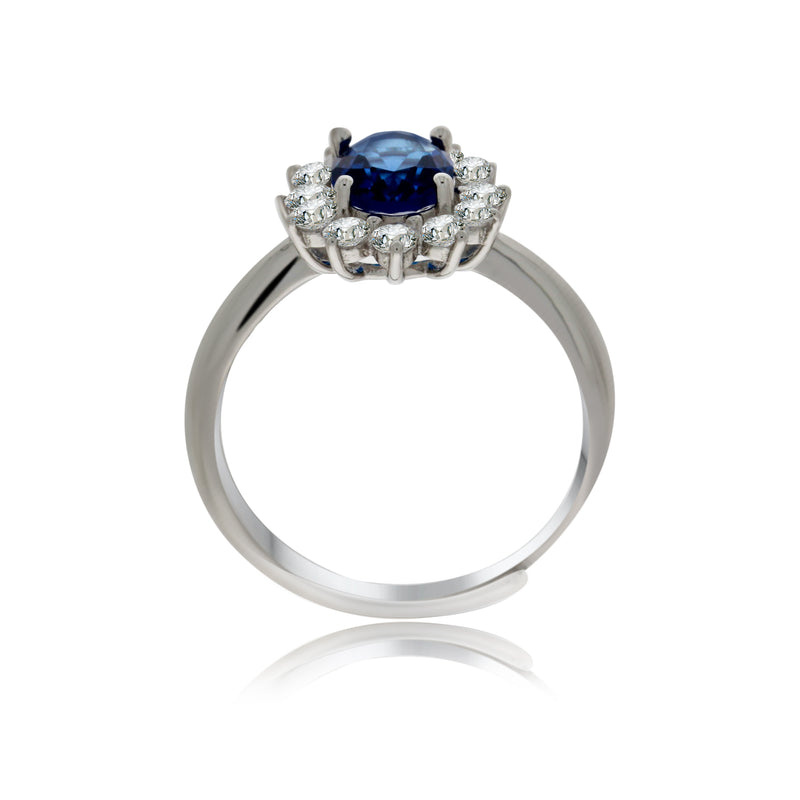 Silver Oval Blue And White Cubic Zirconia Cluster Ring