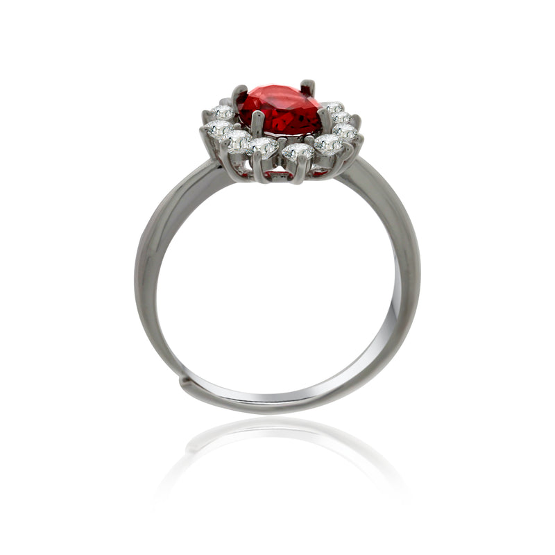 Silver Oval Red And White Cubic Zirconia Cluster Ring