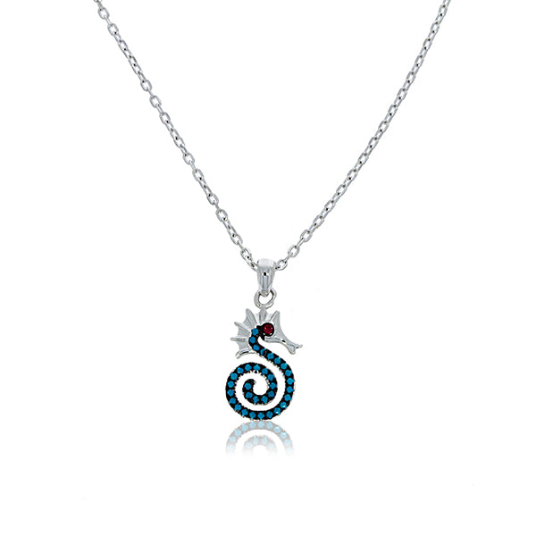 Silver Seahorse With Bead Turquoise Pendant