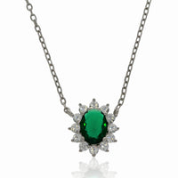 Silver Oval Green And White Cubic Zirconia Cluster Pendant