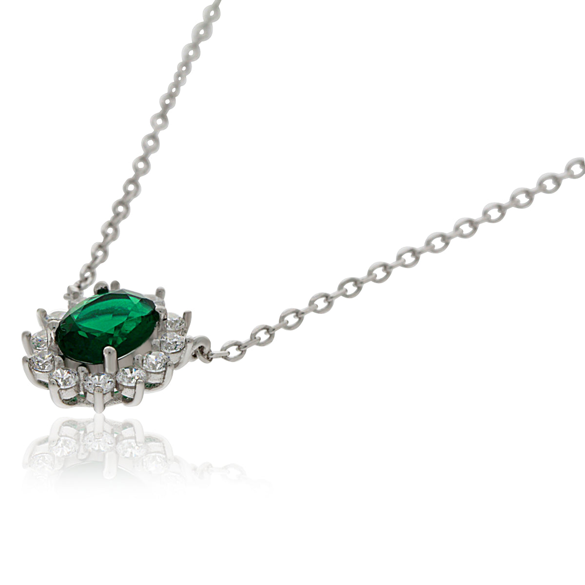 Silver Oval Green And White Cubic Zirconia Cluster Pendant