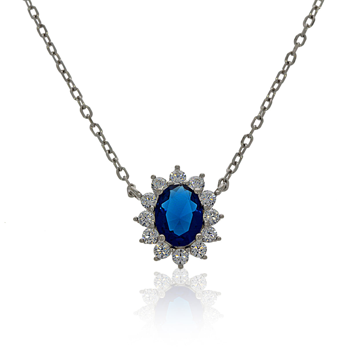 Silver Oval Blue And White Cubic Zirconia Cluster Pendant
