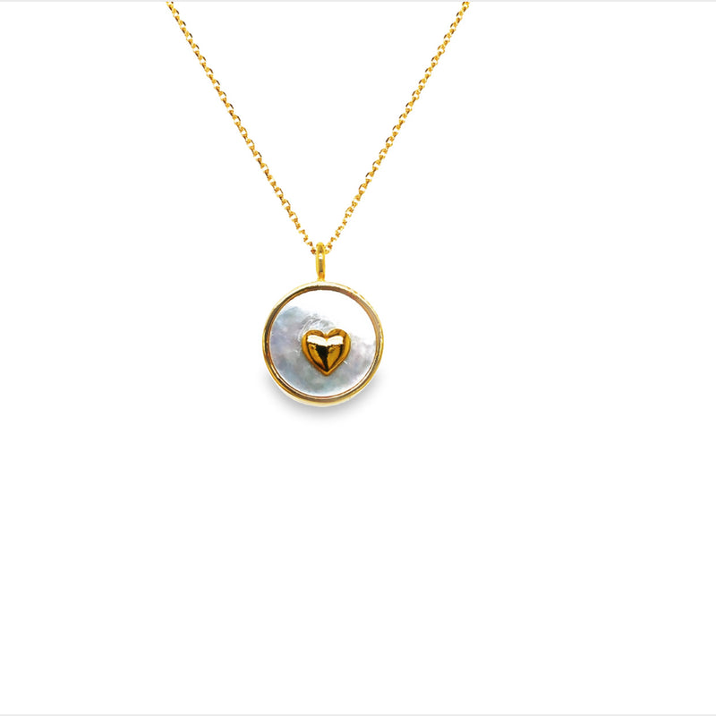 Onatah Sterling Silver Yellow Gold Plated Mother Of Pearl Disc With Heart Motif Pendant