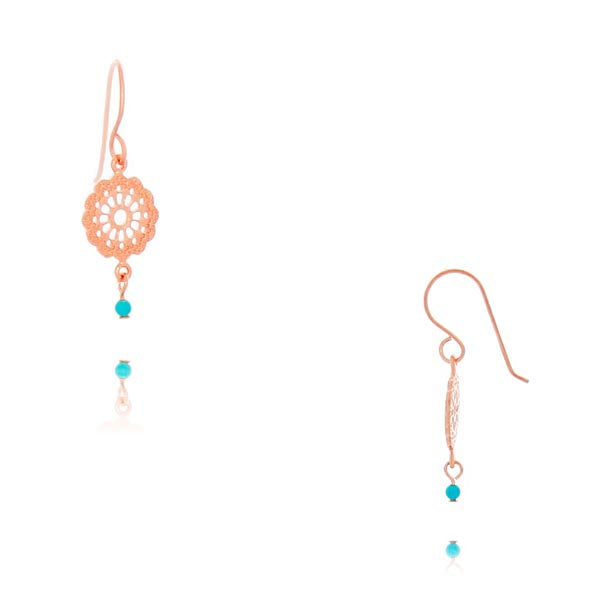 Rose Gold Plated Filigree Disc Drop Earrings With Blue Bead