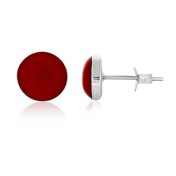 Silver Round Red Bamboo Stud Earrings