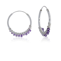 Silver Hoop Earrings With Amethyst Beads