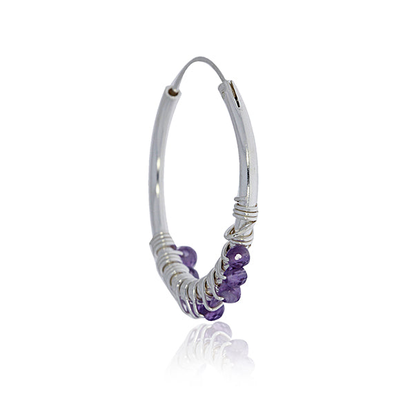 Silver Hoop Earrings With Amethyst Beads