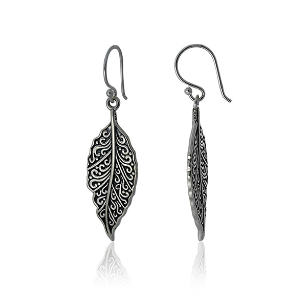 Silver Engraved Filigree Leaf Earrings