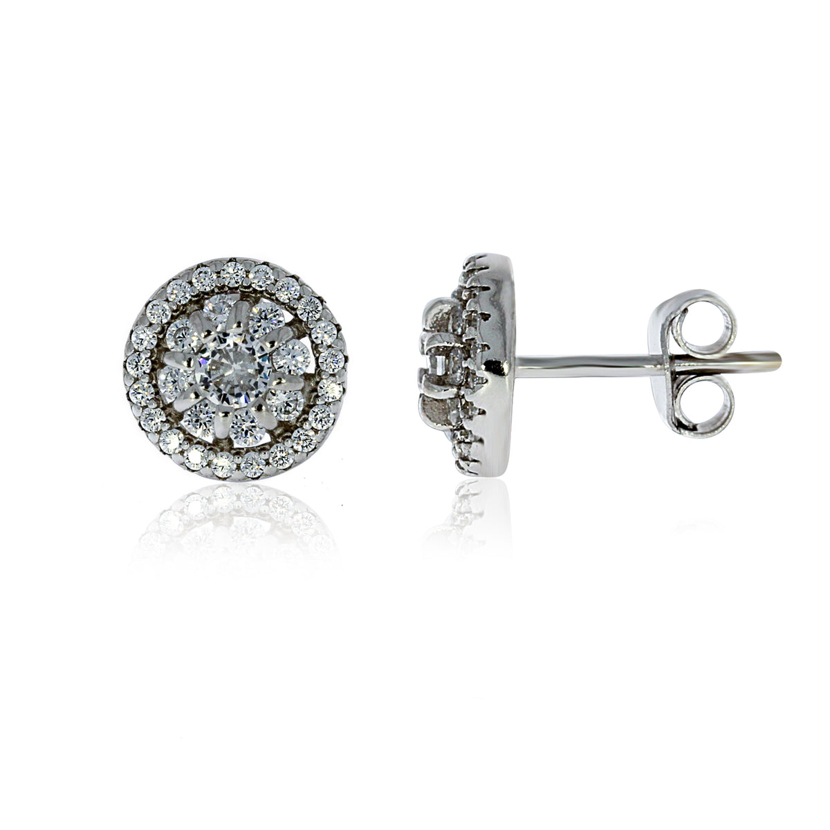 Silver Halo Stud Earrings With Pave Centre - 8.8mm