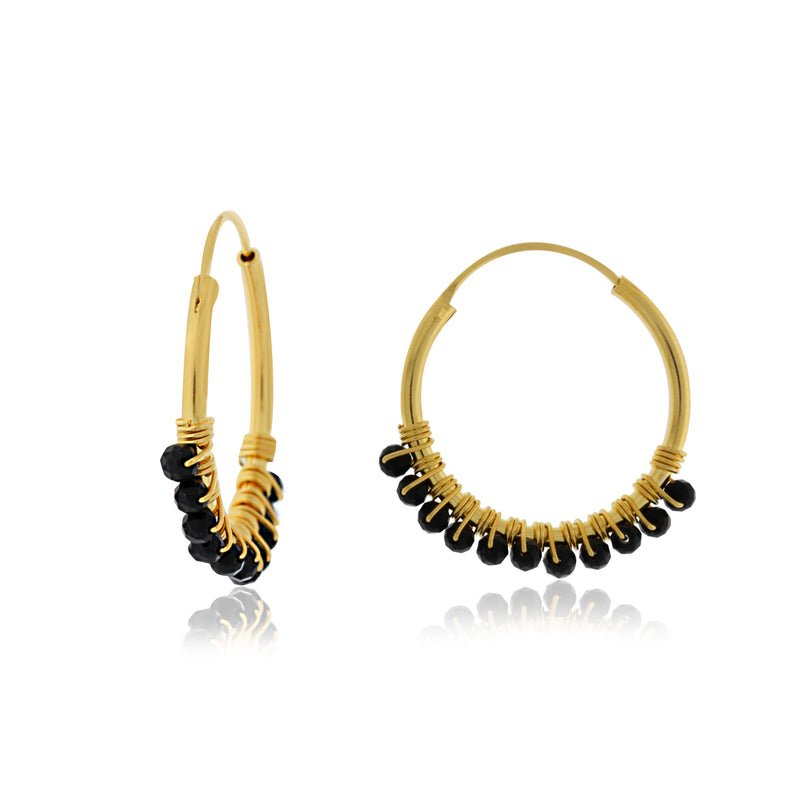 Gold Plated Hoop Earrings With Black Agate Beads