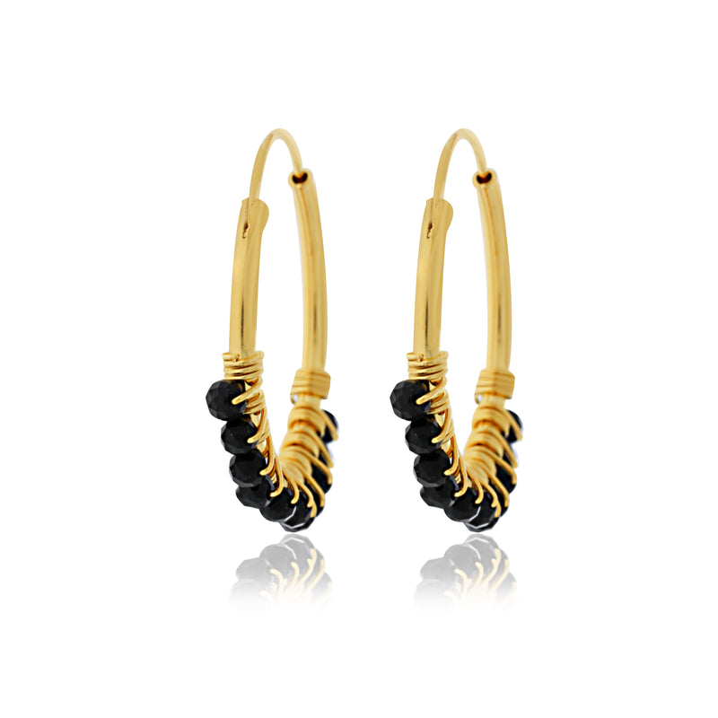 Gold Plated Hoop Earrings With Black Agate Beads