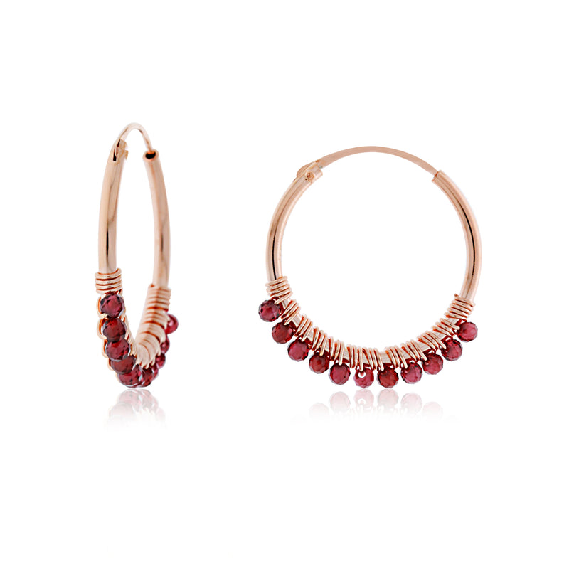 Rose Gold Plated Hoop Earrings With Garnet Beads